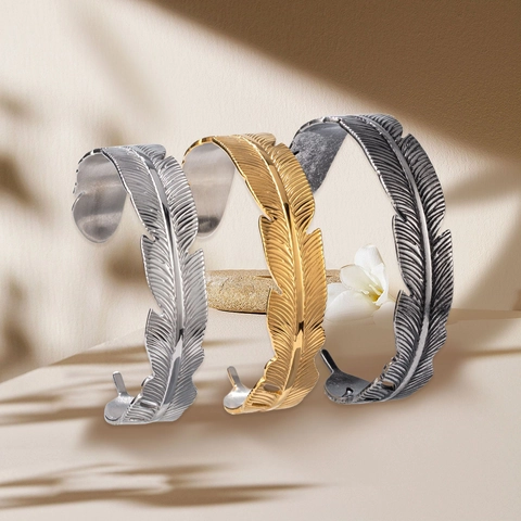 Titanium Steel Feather Cuff Bracelet For Men Women Retro Minimalist Open Bangle Polished Hip Hop Punk Fashion Jewelry