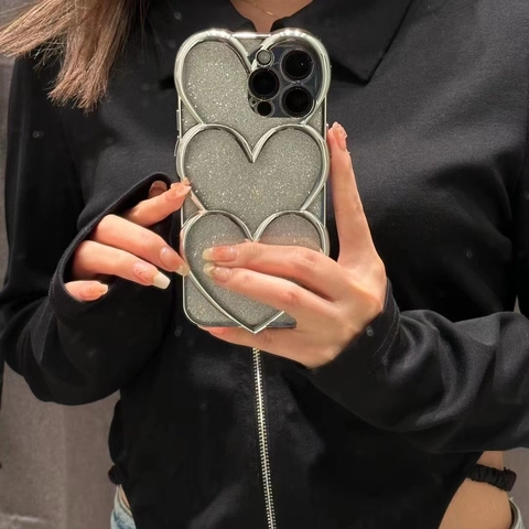 Phone Case Electroplated Silver 3D Layered Hearts Glitter Shockproof TPU Protective Cover For iPhone Series