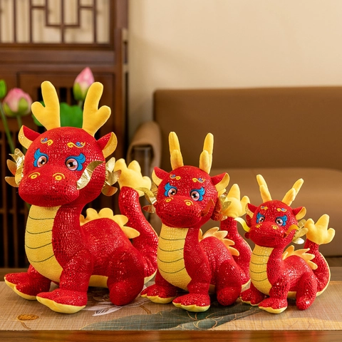Mascotte Anno Del Drago 2024 Peluche Rosso Stile Cinese Bambola Drago Con Ricamo Squame Dorate Morbido Animale Di Peluche Per Regalo Festa Di Capodanno
