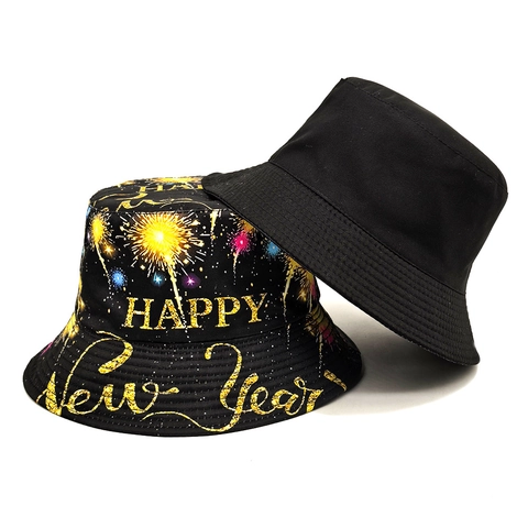 Chapeau Bob Réversible Imprimé Feu D'artifice Nouvel An Protection Solaire Polyester Rétro Accessoire De Fête Homme Femme