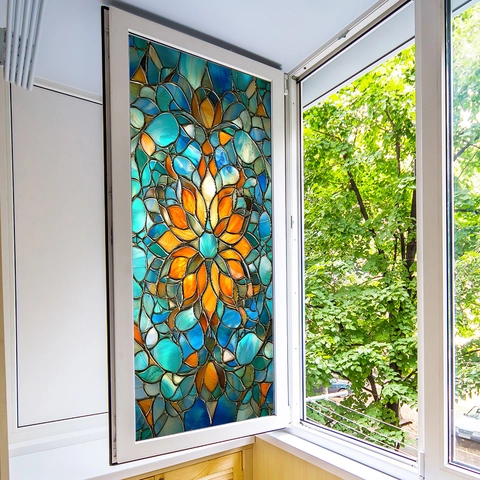 Retro Floral Stained Glass Window Film PVC Static Cling Translucent Privacy Protection Waterproof Decorative Sticker
