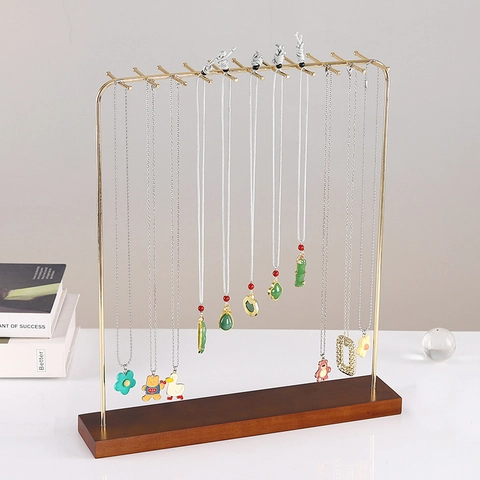 Necklace Display Stand Jewelry Organizer Rack With Wood Base Metal Double Row Hooks Nordic Minimalist Home Decor