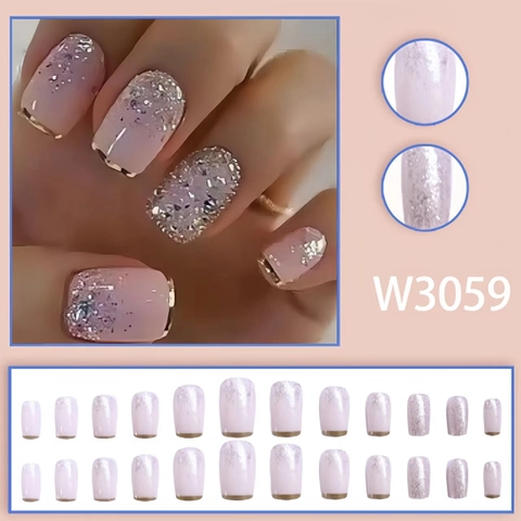 Pink Gradient Press On Nails French Square Artificial Nail Tips Silver Glitter Gold Edge For Women Girls