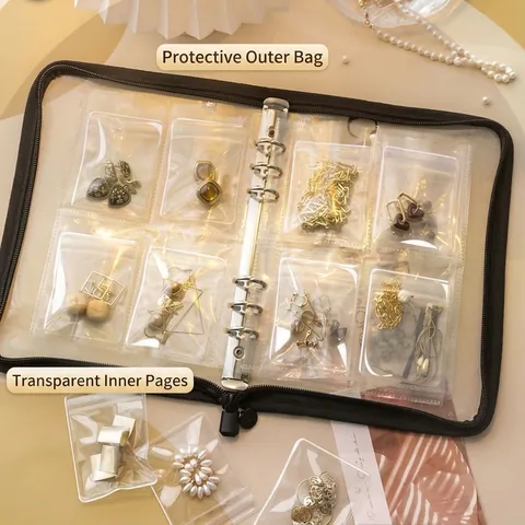 Anti Oxidation Jewelry Storage Album With Transparent PVC Bags Portable Zipper Jewelry Organizer For Earrings Necklaces Travel Clear Book