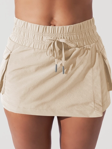 Women Casual Cargo Skorts With Pockets Drawstring Elastic Waist Layered Athletic Yoga Short Skirts For Fitness Running