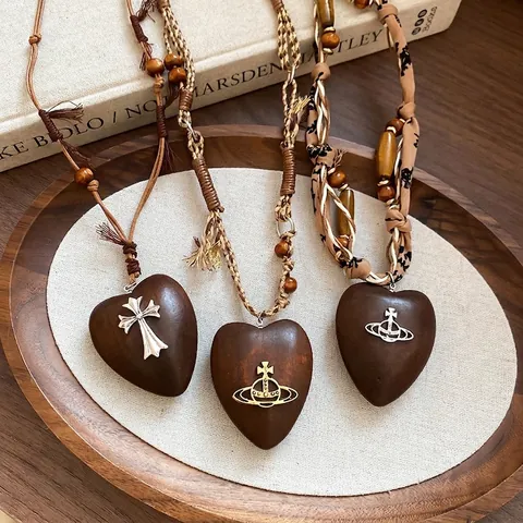 Collana Con Ciondolo A Cuore Legno Lega Tessuto Pianeta Croce Perline Corda Intrecciata Etnico Retrò Boho Per Donna