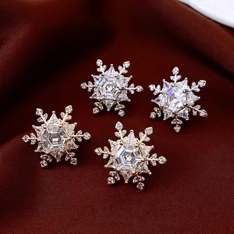 Snowflake Stud Earrings With 925 Sterling Silver Earring Post Cubic Zirconia Copper Real Gold Plated Hexagonal For Women