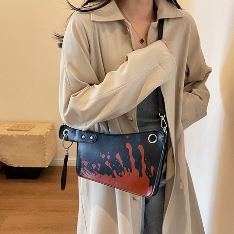 Küchenmesser Form Umhängetasche PU Leder Roter Blut Spritzer Muster Gothic Punk Schultertasche Handtasche Halloween Neuheit