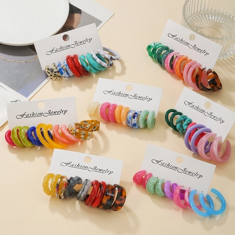 C-Shaped Hoop Earrings Acrylic Resin Marble Tortoise Shell Pattern Colorful Vintage Jewelry For Women Stainless Steel Earring Post