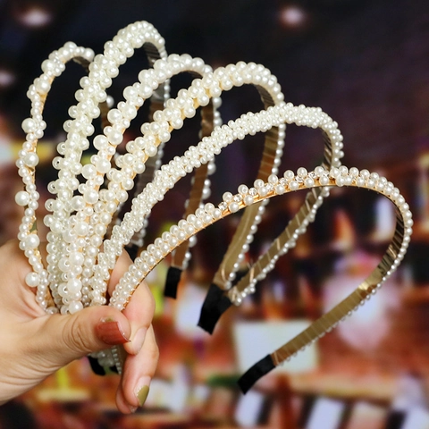 Korean Style Faux Artificial Pearl Headband Elegant Metal Hairband With Rhinestone Flower Bowknot For Women Wedding Sweet Accessory