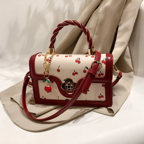 Bolso De Hombro Con Estampado De Cerezas Para Mujer Cuero PU Bolso Dulce Con Cierre De Flor Y Asa Trenzada Estilo Retro Niñas