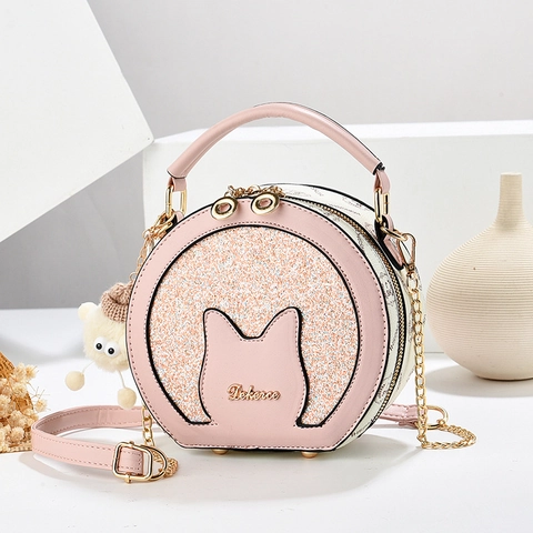 Round Crossbody Bag PU Leather Sequin Cat Ear Design Metal Chain Shoulder Bag For Women Fashion Cute Handbag