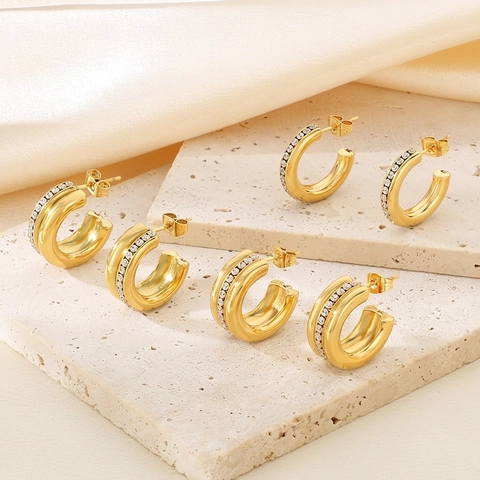 Retro C-Shaped Hoop Earrings Stainless Steel Paved Rhinestones Chunky Geometric Jewelry For Women