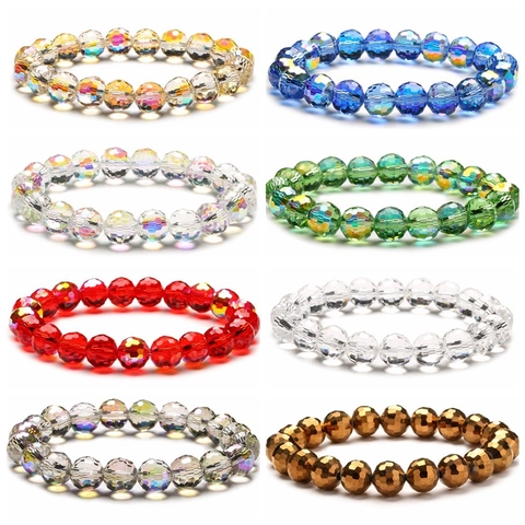 Bracciale Di Perle In Vetro Di Cristallo Sfaccettato Lucido Rivestimento AB Elastico Gioielli Scintillanti Per Donne Alla Moda