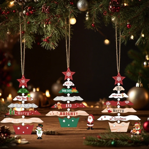 Christmas Tree Hanging Ornament Wooden Layered Painted Cartoon Santa Snowman Reindeer Festive Holiday Xmas Home Decor