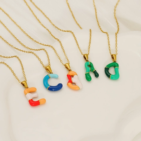 Stainless Steel Colorful Enamel Bubble Initial Necklace Drip Oil Alphabet Pendant Gold Plated Fashion Jewelry Gift For Women