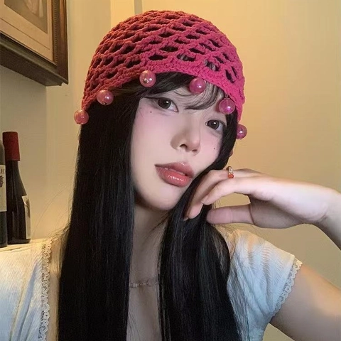 Bonnet En Crochet Fait Main Pour Femmes Chapeau En Maille Ajourée Avec Perles Style Bohème Coton