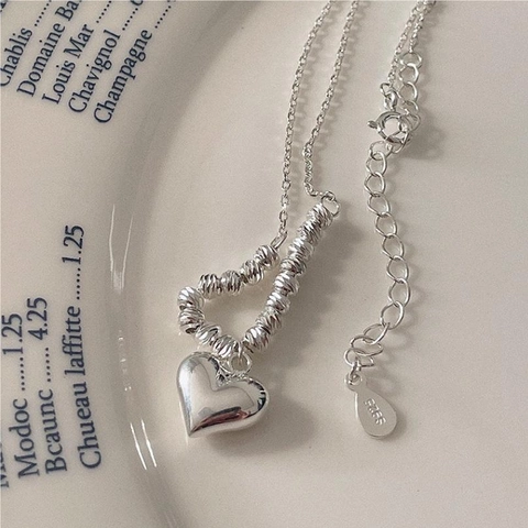 925 Sterling Silber Herz Anhänger Halskette Mit Geschnitzten Perlen Minimalistischer Koreanischer Stil Schmuck