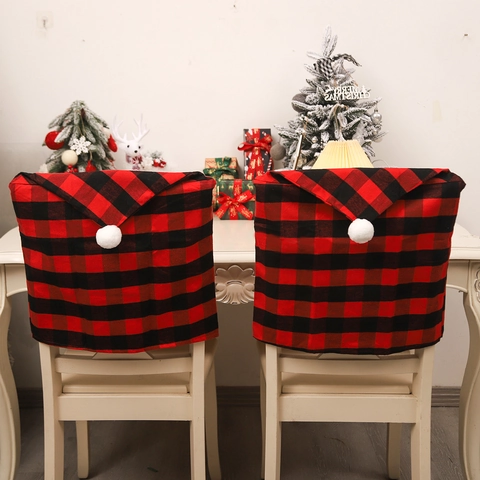 Christmas Chair Back Covers Buffalo Plaid Hat Shape Fabric Red Black White Checkered Dining Room Kitchen Festive Decorations