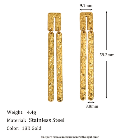 Hammered Texture Long Bar Drop Earrings Gold Plated Stainless Steel Vintage French Style Geometric Jewelry For Women