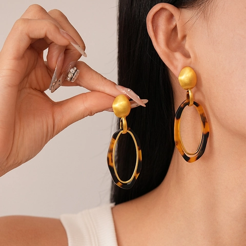 Retro Oval Resin Dangle Earrings With 925 Sterling Silver Earring Post Geometric Leopard Print Alloy Jewelry For Women
