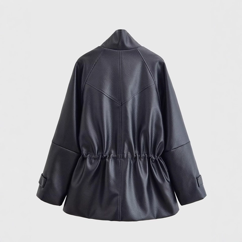 Chaqueta De Cuero Sintético PU Para Mujer Cintura Ajustable Manga Larga Cremallera Color Sólido Cuello Alto Ropa De Abrigo Informal