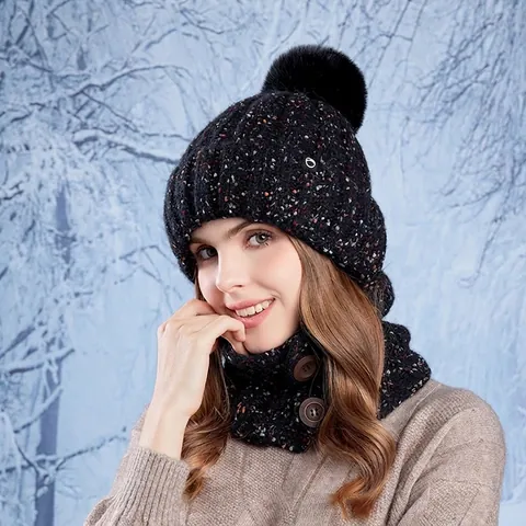 Winter Knitted Beanie Hat And Neck Warmer Acrylic Plush Lined Warm Windproof Outdoor Riding Skiing For Women