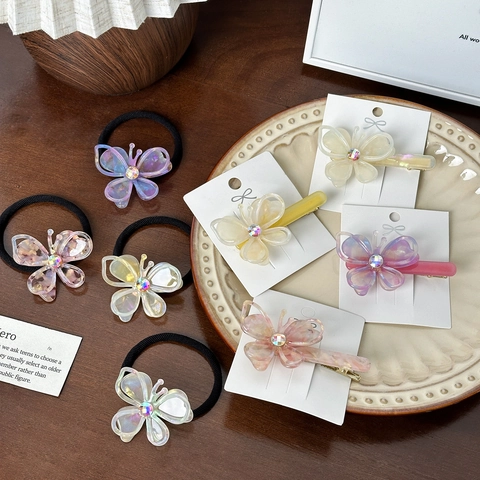 Schmetterling Haarspange Und Haargummi Irisierendes Acetat Hohles Design Strass Verziert Fee Stil Accessoires