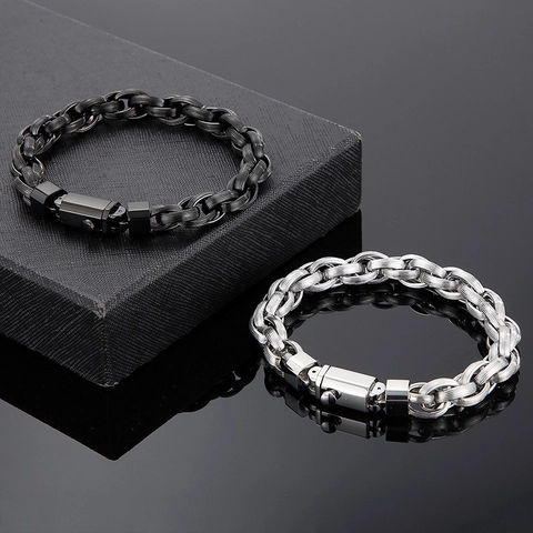 Men Stainless Steel Chain Bracelet Hip Hop Punk Heavy Metal Jewelry With Mechanical Clasp For Male Boys Gold Black
