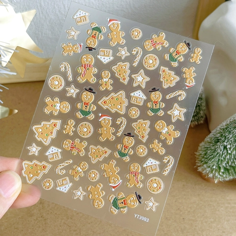 Christmas 3D Relief Nail Art Stickers Gingerbread Man Snowman Embossed Self Adhesive Decals Holiday DIY Manicure Decor