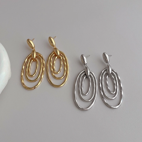 Multi Layered Oval Dangle Earrings Gold Plated Copper Geometric Hollow Textured Retro Minimalist Fashion Jewelry For Women