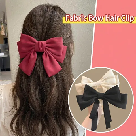 Large Satin Bow Hair Clip With Long Streamer Elegant French Style Fabric Ribbon Hairpin For Women Girls