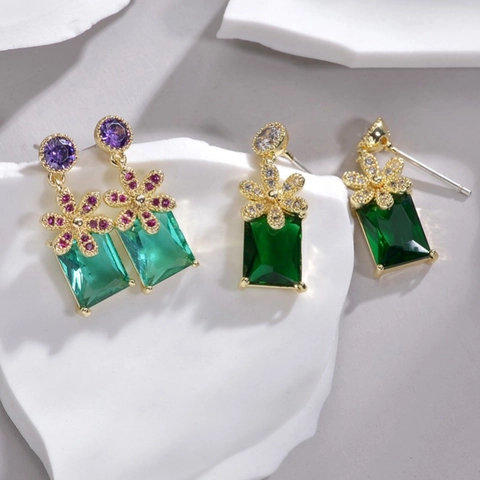 S925 Sterling Silver Post Flower Rectangular Drop Earrings Artificial Crystal Rhinestone Dangle Jewelry Vintage Accessory