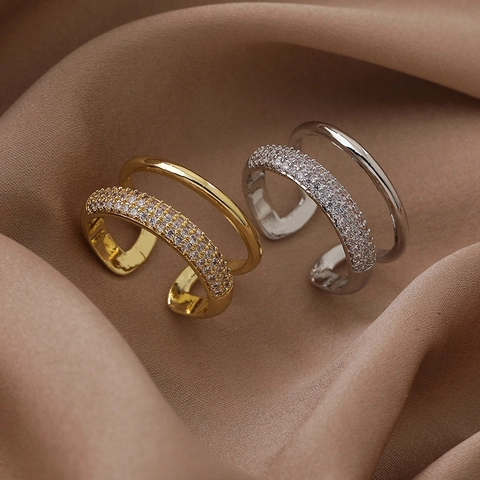 Elegant Copper Double Layer Ring Micro Pave Zircon Adjustable Open Geometric Luxury Jewelry For Women