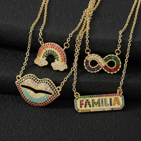 Koperen Pavé Strass Hanger Halsketting Goud Regenboog Wolk Oneindigheid Lippen Familia Gepersonaliseerde Sieraden Cadeau Vrouwen