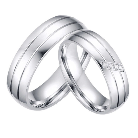 Minimalist Stainless Steel Couple Ring For Women Men Brushed Finish Rhinestone Inlaid Fashion Jewelry Finger Ring Gift