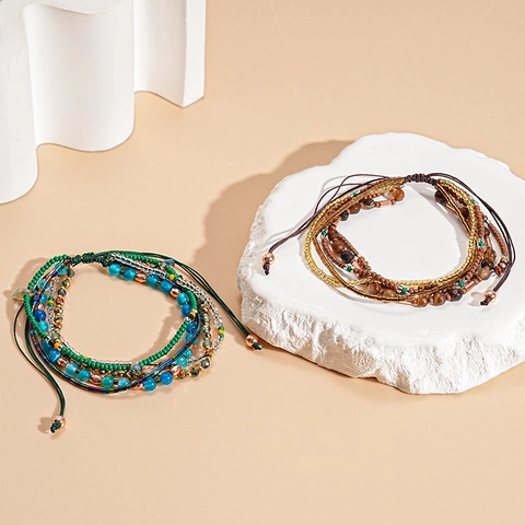 Bohemian Multilayer Beaded Bracelet Agate Glass Beads Metal Ethnic Adjustable Drawstring Retro Jewelry For Women