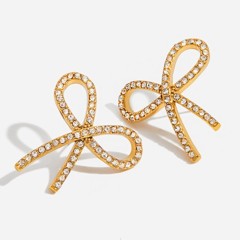 Bowknot Stud Earrings Stainless Steel 18K Gold Plated Sparkling Rhinestone Elegant Jewelry For Women Fashion Accessory
