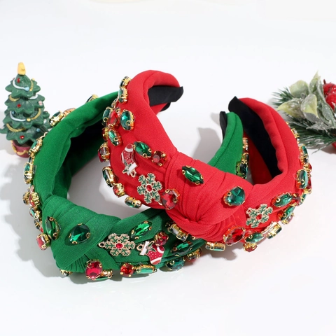 Christmas Knotted Headband For Women With Rhinestone Snowflake Christmas Tree Charms Heavy Industry Festive Hair Band Party Accessories