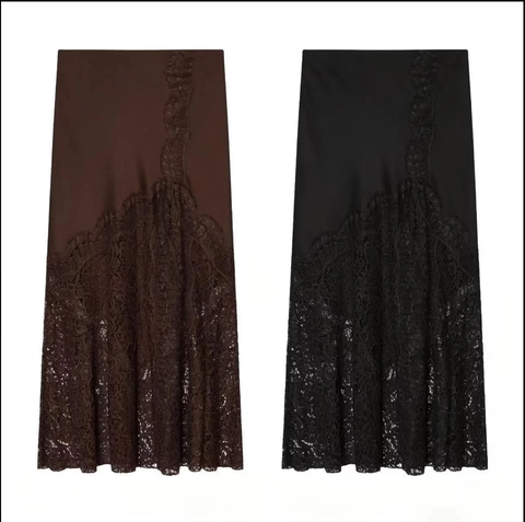 Damen Satin Midirock Mit Spitze Saum Hohe Taille Seitenreißverschluss Elegant Streetwear Sexy Patchwork Rock