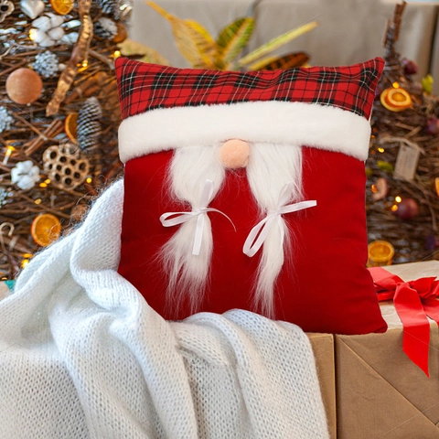 Christmas Gnome Decorative Pillow Cover Velvet Red Sequin Plaid Holiday Character Beard Cushion Case Home Decor