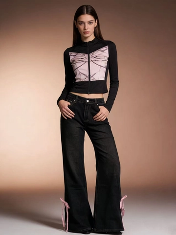 Women Denim Jeans High Waist Wide Leg Ribbon Bow Tie Leg Opening Streetwear Retro Washed Fashion Y2K Casual Trousers