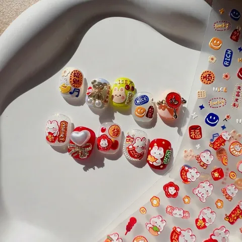 Adesivi Per Nail Art In Rilievo 3D Coniglio Cartone Animato Busta Rossa Portafortuna Stile Cinese Autoadesivi Decorazione Manicure