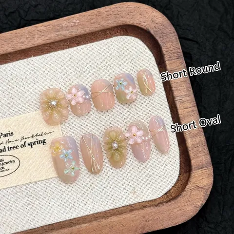 Ongles À Presser Faits Main Fleurs En Relief 3D Künstliche Perle Dégradé Style Japonais Doux Élégants Faux Ongles