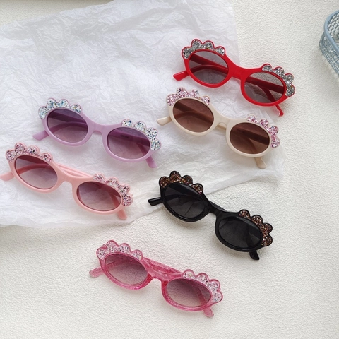 Gafas De Sol Infantiles Ovaladas Montura PC Purpurina Lentejuelas Borde Festoneado Protección UV400 Exterior Viaje Lindas Niñas