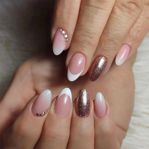 French Tip Press On Nagels Roze Ombre Glitter Amandelvorm Kunstnagels Met Steentjes Elegante Manicure Voor Dames