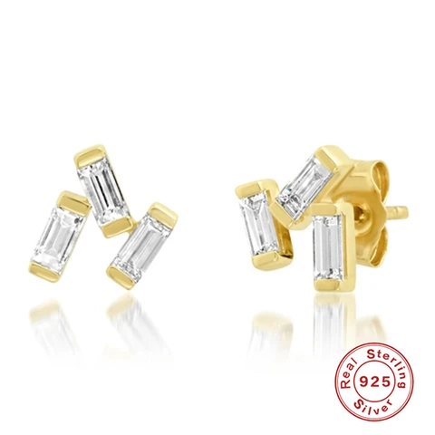 Geometric 925 Sterling Silver Stud Earrings With Baguette Zirconia Colorful Sparkling Minimalist Jewelry For Women