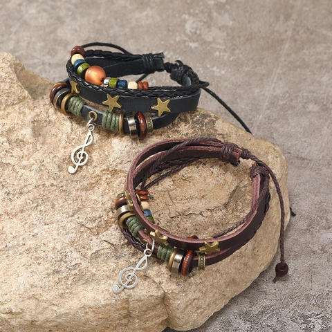 Vintage Multilayer PU Leather Bracelet Alloy Music Note G-Clef Star Pendant Woven Hemp Rope Wood Beads Adjustable Unisex Jewelry