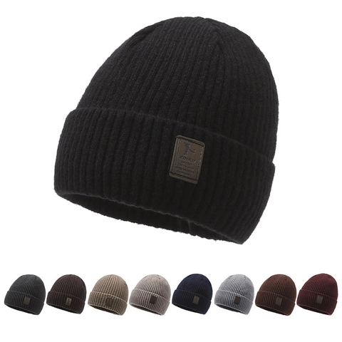 Bonnet En Tricot Hiver Doublé Fausse Fourrure Chaud Côtelé Patch En Cuir Extérieur Coupe Vent Pour Hommes Femmes