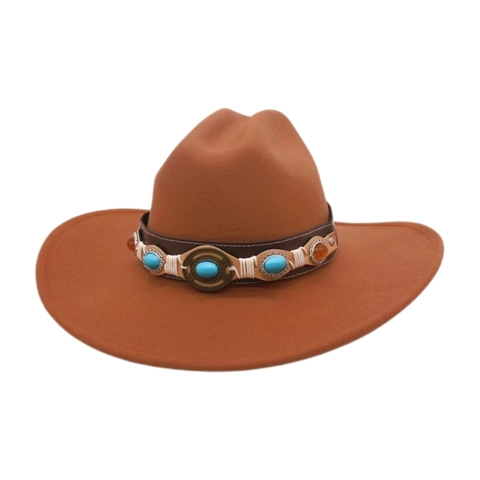 French Flat Brim Fedora Hat Ethnic Style Wide Brim Cowboy Jazz Hat Cotton Blend Fedora With Turquoise Belt For Travel Women Men